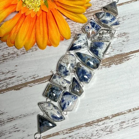 Sodalite Bracelet Handmade Stone Gemstone 925 Silver Large Ethnic Bohemian New!